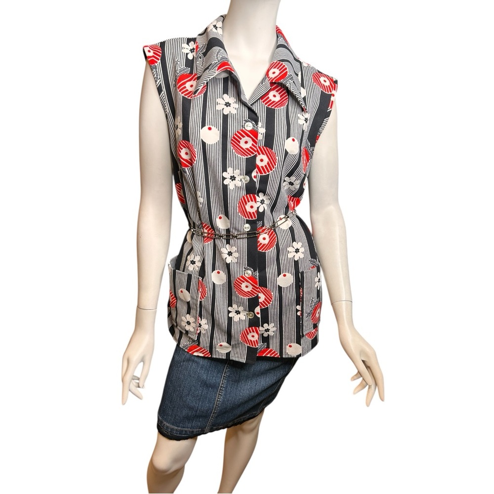 Vintage 70s SHAKER SPORT Sleeveless Floral Top 2X Red Black